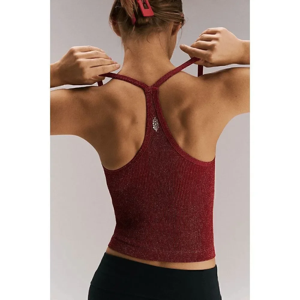 Free People Happiness Runs Lurex Sweetheart Crop Tank Pink Glitter Lovestruck